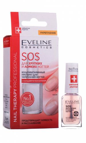 Eveline Cosmetics. Средство спасения SOS для хрупких и ломких ногтей. Мультивитаминный препарат для укрепления ногтей с кальцием и коллагеном, 12 мл